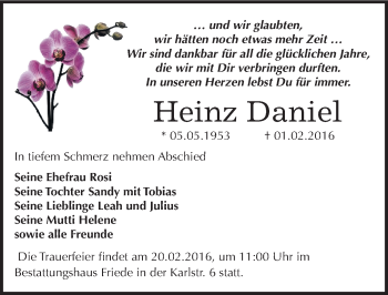 Traueranzeige von Heinz Daniel von Mitteldeutsche Zeitung Dessau-Roßlau