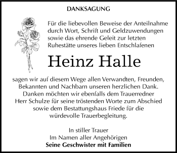 Traueranzeige von Heinz Halle von Mitteldeutsche Zeitung Dessau-Roßlau