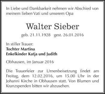Traueranzeige von Walter Sieber von WVG - Wochenspiegel NMB / WSF / ZTZ