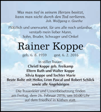 Traueranzeige von Rainer Koppe von WVG - Wochenspiegel Dessau / Köthen