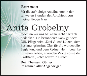 Traueranzeige von Anita Grobelny von Mitteldeutsche Zeitung Weißenfels