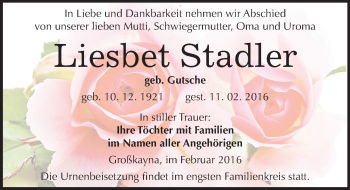 Traueranzeige von Liesbet Stadler von Mitteldeutsche Zeitung Merseburg/Querfurt