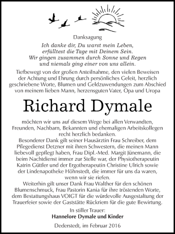 Traueranzeige von Richard Dymale von Super Sonntag SGH Mansf. Land