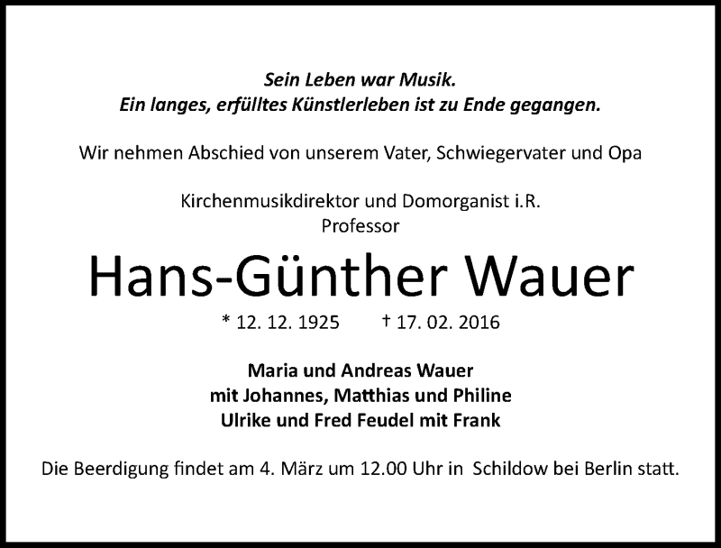  Traueranzeige für Hans-Günther Wauer vom 27.02.2016 aus Mitteldeutsche Zeitung Merseburg/Querfurt