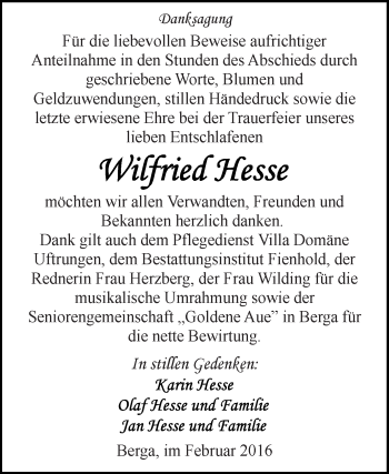 Traueranzeige von Wilfried Hesse von Super Sonntag SGH Mansf. Land