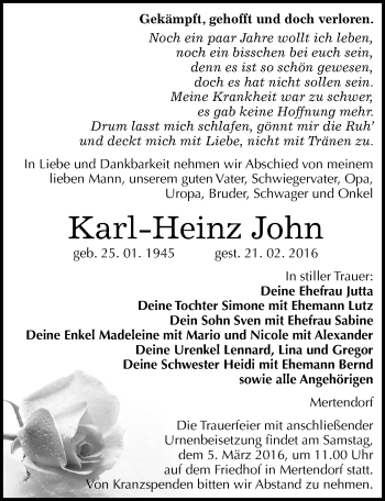 Traueranzeige von Karl-Heinz John von Mitteldeutsche Zeitung Naumburg/Nebra
