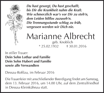 Traueranzeige von Marianne Albrecht von WVG - Wochenspiegel Dessau / Köthen