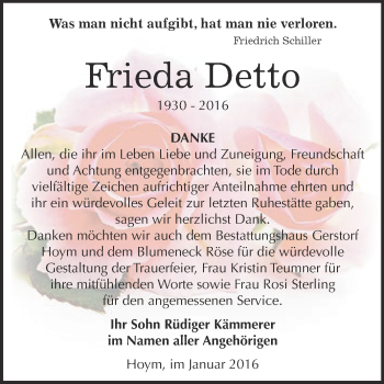 Traueranzeige von Frieda Detto von Super Sonntag Aschersleben