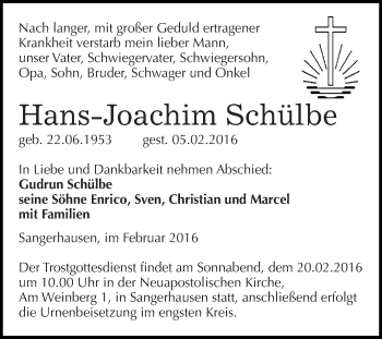 Traueranzeige von Hans-Joachim Schülbe von Super Sonntag SGH Mansf. Land