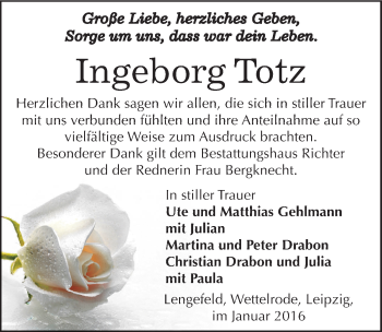 Traueranzeige von Ingeborg Totz von Mitteldeutsche Zeitung Sangerhausen