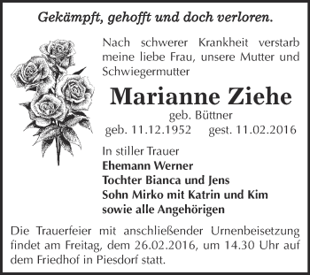 Traueranzeige von Marianne Ziehe von Super Sonntag Bernburg