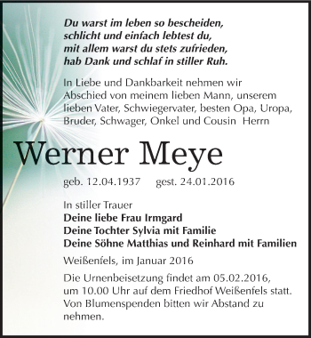 Traueranzeige von Werner Meye von Mitteldeutsche Zeitung Weißenfels