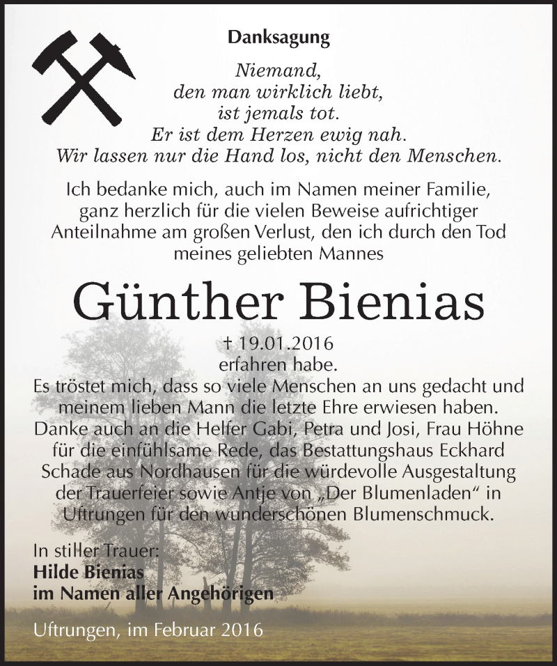  Traueranzeige für Günther Bienias vom 06.02.2016 aus Mitteldeutsche Zeitung Sangerhausen