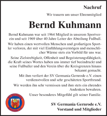 Traueranzeige von Bernd Kuhmann von Mitteldeutsche Zeitung Quedlinburg