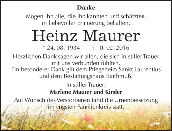 Traueranzeige von Heinz Maurer von Mitteldeutsche Zeitung Weißenfels