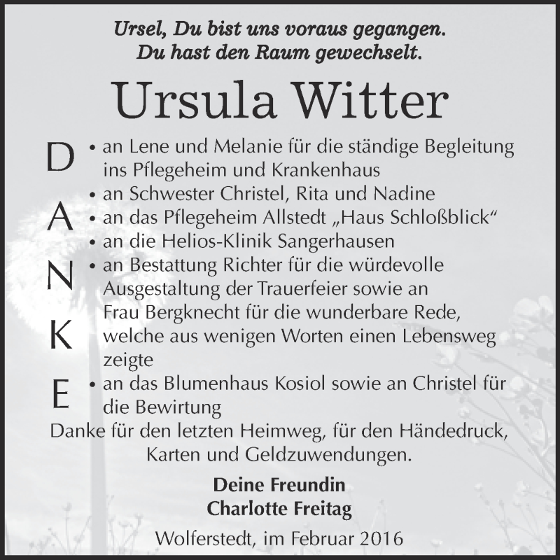  Traueranzeige für Ursula Witter vom 13.02.2016 aus Super Sonntag SGH Mansf. Land
