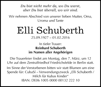 Traueranzeige von Elli Schuberth von Mitteldeutsche Zeitung Bitterfeld