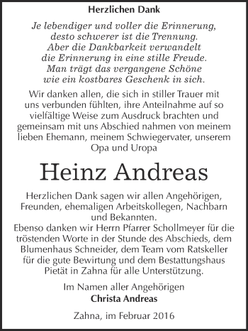 Traueranzeige von Heinz Andreas von Super Sonntag Wittenberg