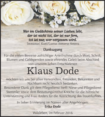 Traueranzeige von Klaus Dode von Super Sonntag Aschersleben