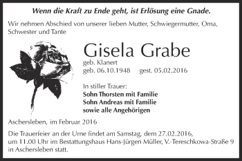 Traueranzeige von Gisela Grabe von Super Sonntag Aschersleben