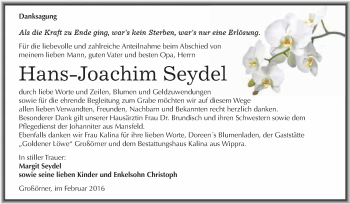 Traueranzeige von Hans-Joachim Seydel von Super Sonntag SGH Mansf. Land