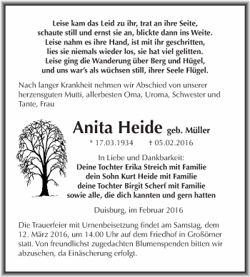 Traueranzeige von Anita Heide von Super Sonntag SGH Mansf. Land