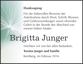 Traueranzeige von Brigitta Junger von WVG - Wochenspiegel Wittenberg