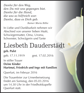 Traueranzeige von Liesbeth Dauderstädt von WVG - Wochenspiegel Merseburg