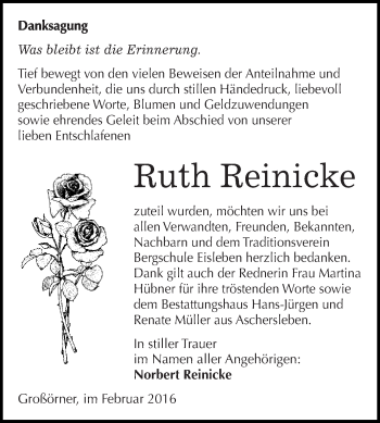 Traueranzeige von Ruth Reinicke von Super Sonntag SGH Mansf. Land