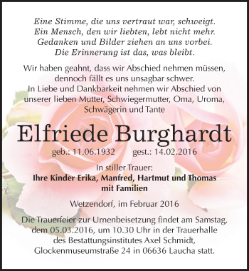 Traueranzeige von Elfriede Burghardt von Mitteldeutsche Zeitung Naumburg/Nebra