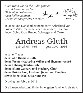 Traueranzeige von Andreas Gluth von Super Sonntag Zeitz