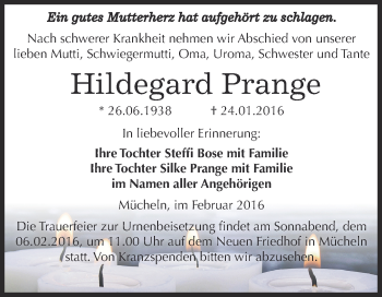 Traueranzeige von Hildegard Prange von WVG - Wochenspiegel NMB / WSF / ZTZ