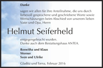 Traueranzeige von Helmut Seiferheld von Super Sonntag Zeitz