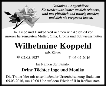 Traueranzeige von Wilhelmine Koppehl von Mitteldeutsche Zeitung Dessau-Roßlau