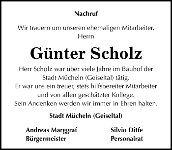 Traueranzeige von Günter Scholz von Mitteldeutsche Zeitung Merseburg/Querfurt