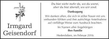 Traueranzeige von Irmgard Geisendorf von WVG - Wochenspiegel Quedlinburg