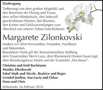 Traueranzeige von Margarete Zilonkovski von Mitteldeutsche Zeitung Sangerhausen