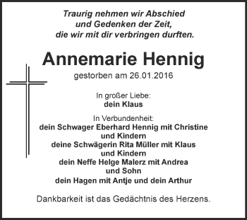 Traueranzeige von Annemarie Hennig von Super Sonntag Quedlinburg