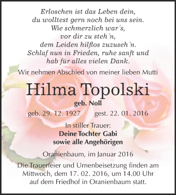 Traueranzeige von Hilma Topolski von WVG - Wochenspiegel Wittenberg