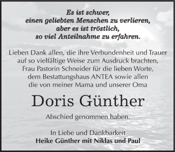Traueranzeige von Doris Günther von Mitteldeutsche Zeitung Dessau-Roßlau