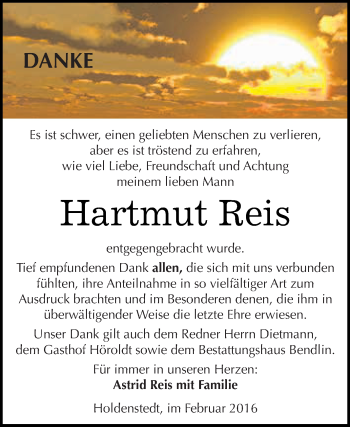 Traueranzeige von Hartmut Reis von Super Sonntag SGH Mansf. Land
