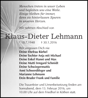 Traueranzeige von Klaus-Dieter Lehmann von WVG - Wochenspiegel Dessau / Köthen