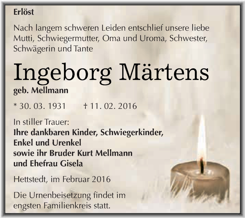  Traueranzeige für Ingeborg Märtens vom 20.02.2016 aus Super Sonntag SGH Mansf. Land