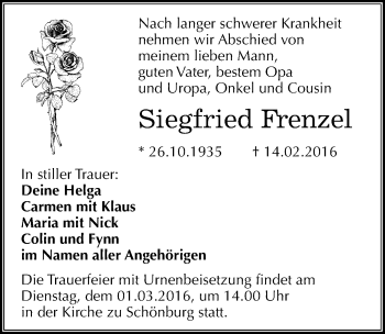 Traueranzeige von Siegfried Frenzel von Mitteldeutsche Zeitung Naumburg/Nebra