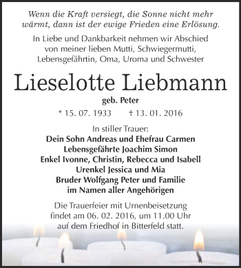Traueranzeige von Lieselotte Liebmann von WVG - Wochenspiegel Bitterfeld