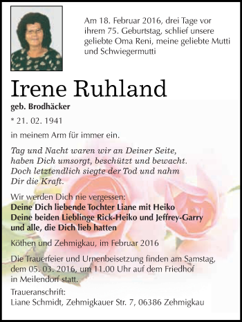 Traueranzeige von Irene Ruhland von WVG - Wochenspiegel Dessau / Köthen