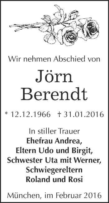 Traueranzeige von Jörn Berendt von WVG - Wochenspiegel Dessau / Köthen