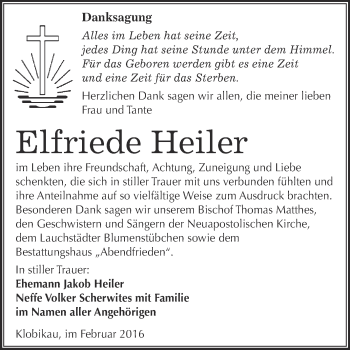 Traueranzeige von Elfriede Heiler von WVG - Wochenspiegel Merseburg
