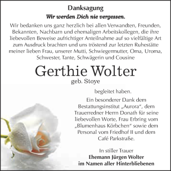 Traueranzeige von Gerthie Wolter von Super Sonntag Bernburg