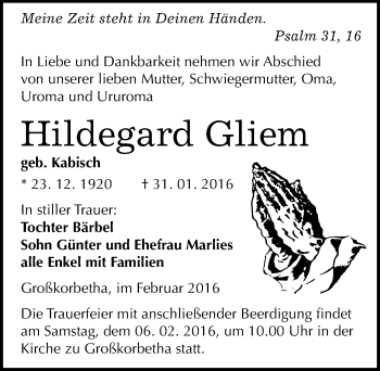 Traueranzeige von Hildegard Gliem von Mitteldeutsche Zeitung Weißenfels
